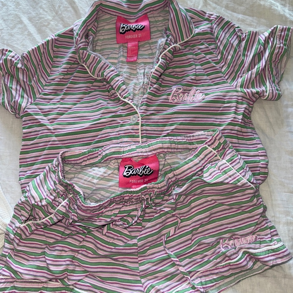 Barbie Pink and Green Striped Pajama Set